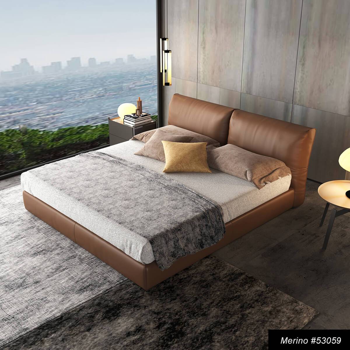 Angled view of the Brighton Merino Leather Bed Frame in tan