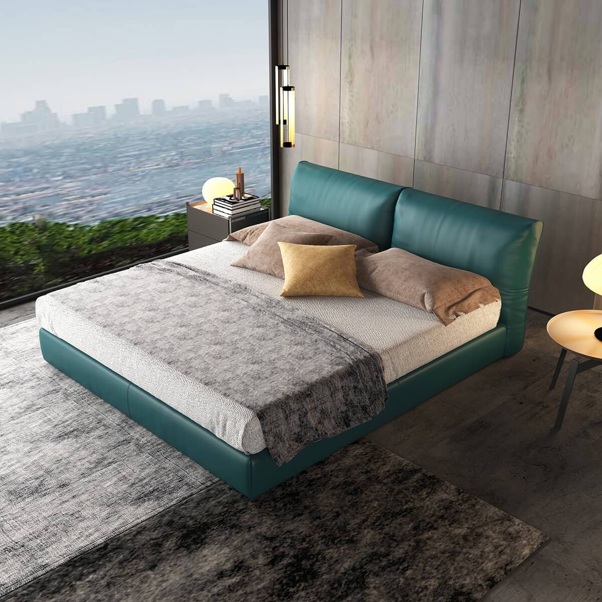 Angled view of the Brighton Merino Leather Bed Frame in teal