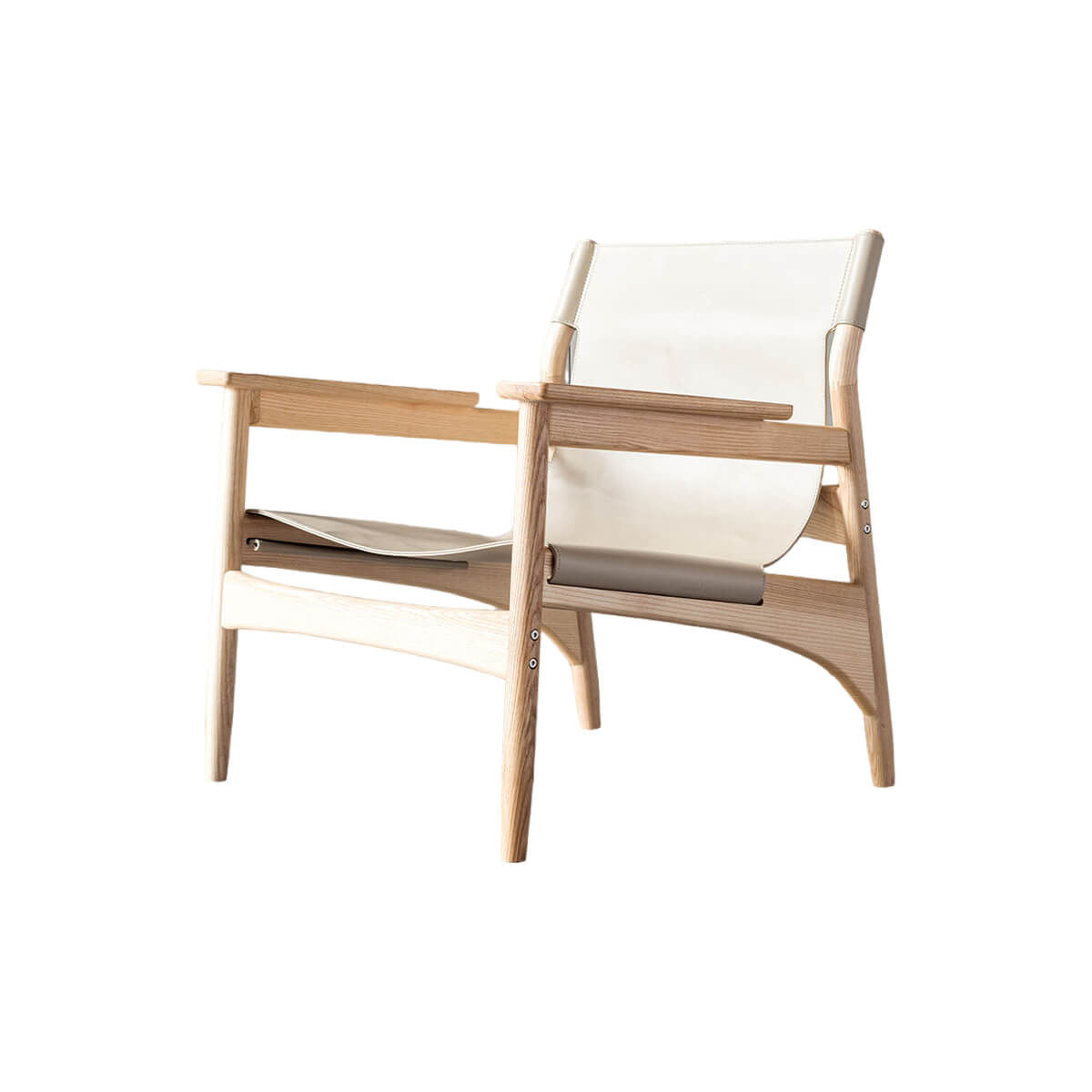 Carey armchair with natural ash timber frame and artificial saddle leather sling seat