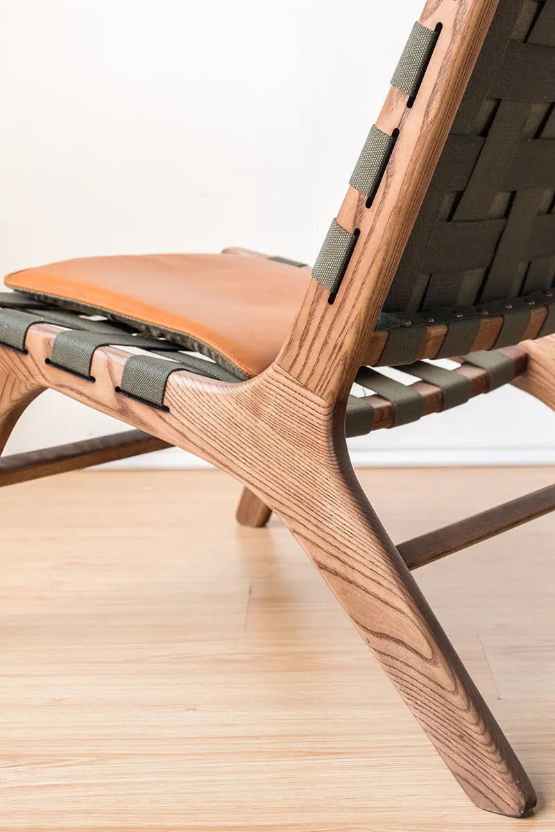 Solid American ash frame and woven support detail on Julian armchair