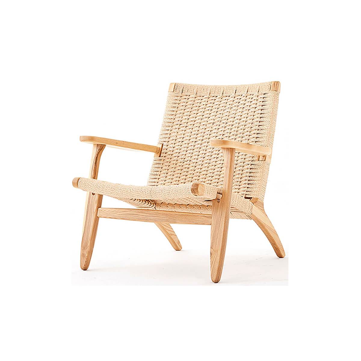Kelaos armchair front angled view with solid ash wood frame and woven rope seat