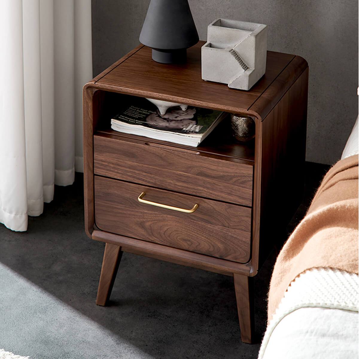 Luxembourg solid walnut bedside table showing drawer and shelf storage