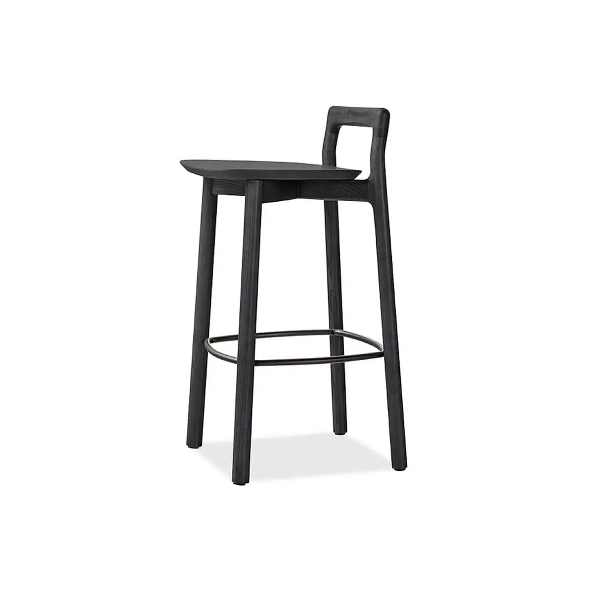 side angled view of Mountain timber bar stool in black finish