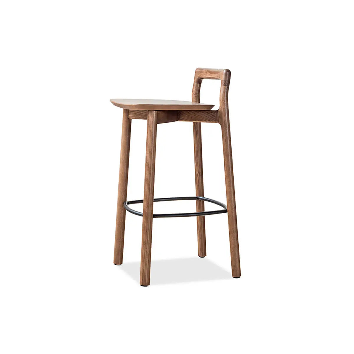 side angled view of Mountain timber bar stool in walnut finish