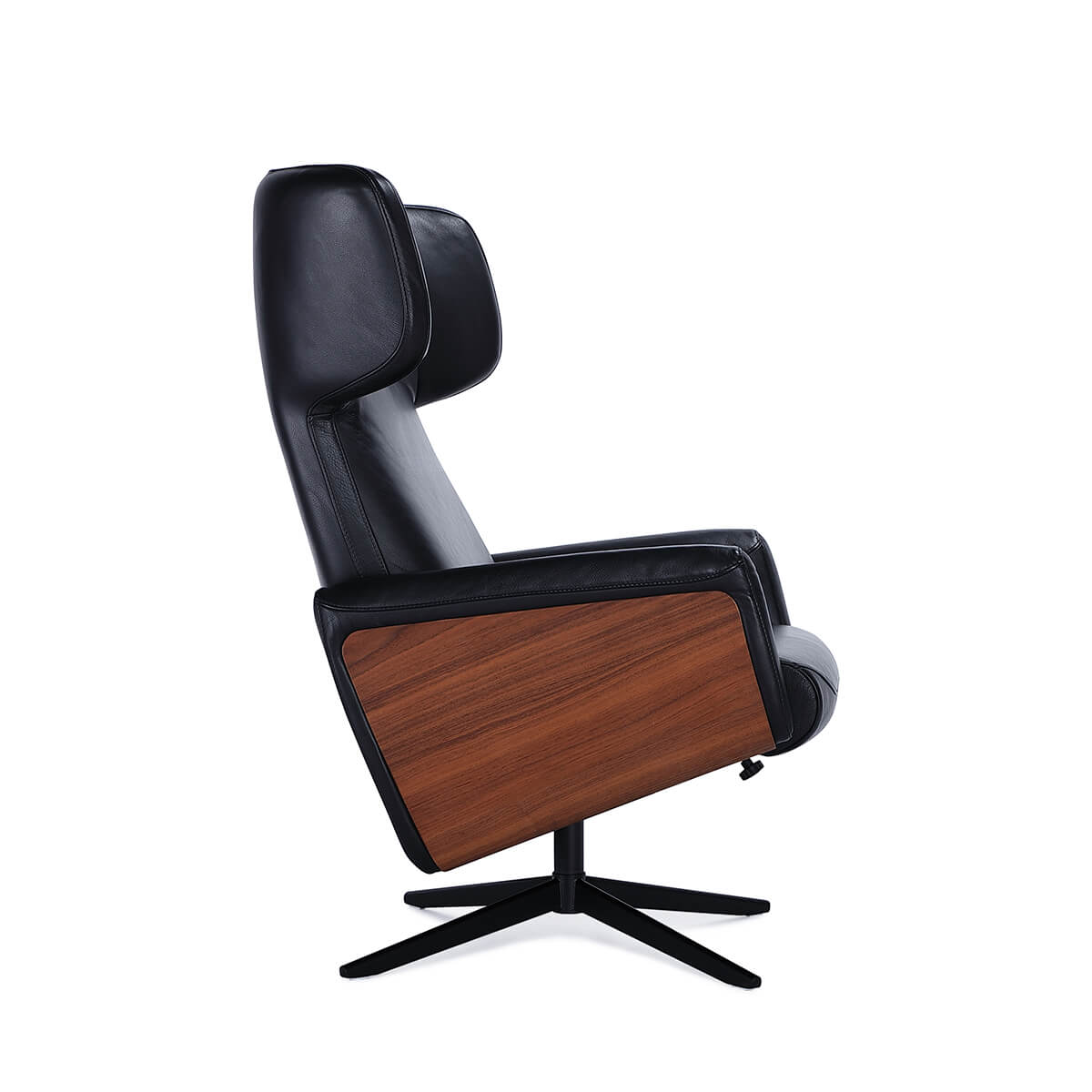 Side view of Noelia swivel recliner chair with walnut side panels
