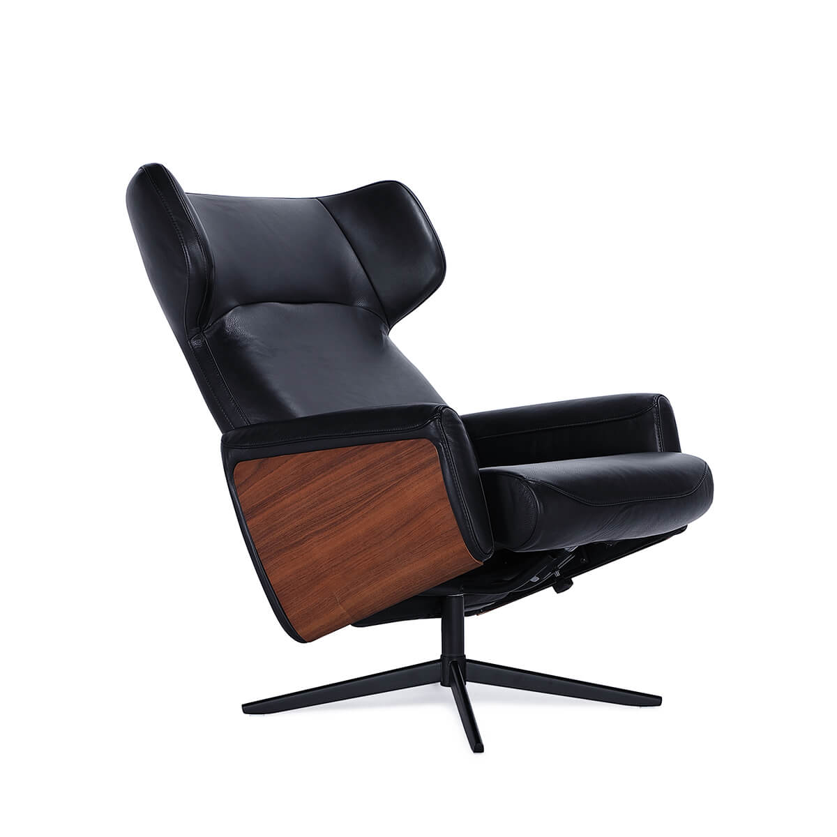 Noelia swivel recliner chair in black semi-aniline leather with walnut side panels angled view