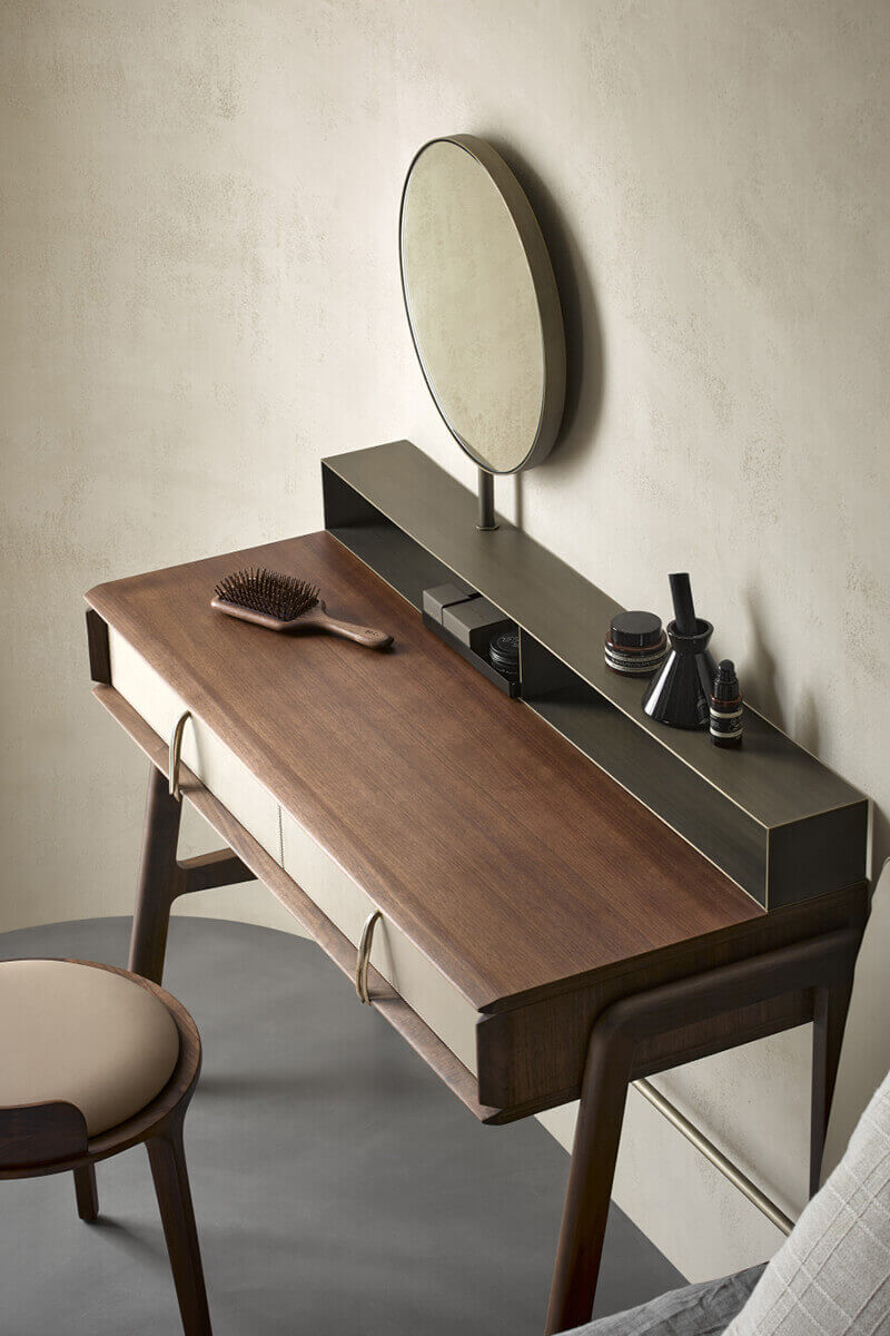 Nora walnut dressing table with rotating mirror and leather-front drawers