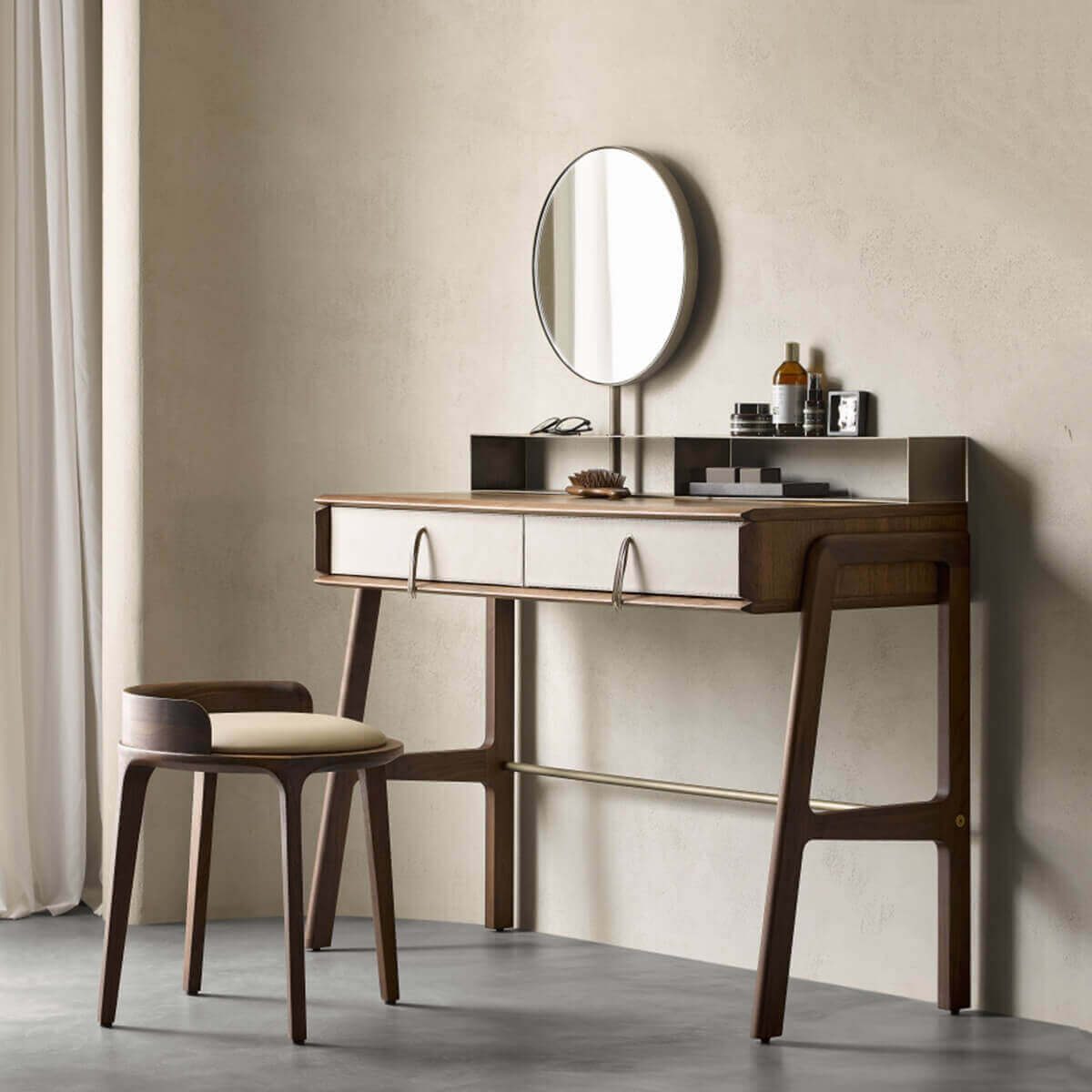 Nora walnut dressing table styled in a contemporary bedroom