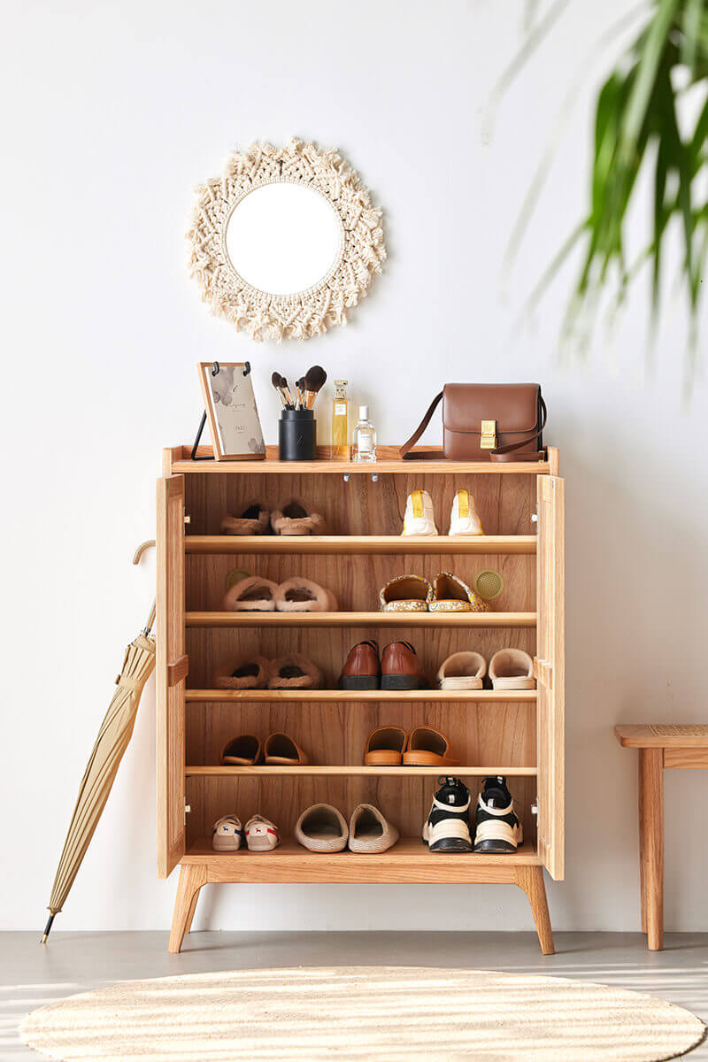 Sarona solid oak shoe cabinet showing internal shoe storage compartments