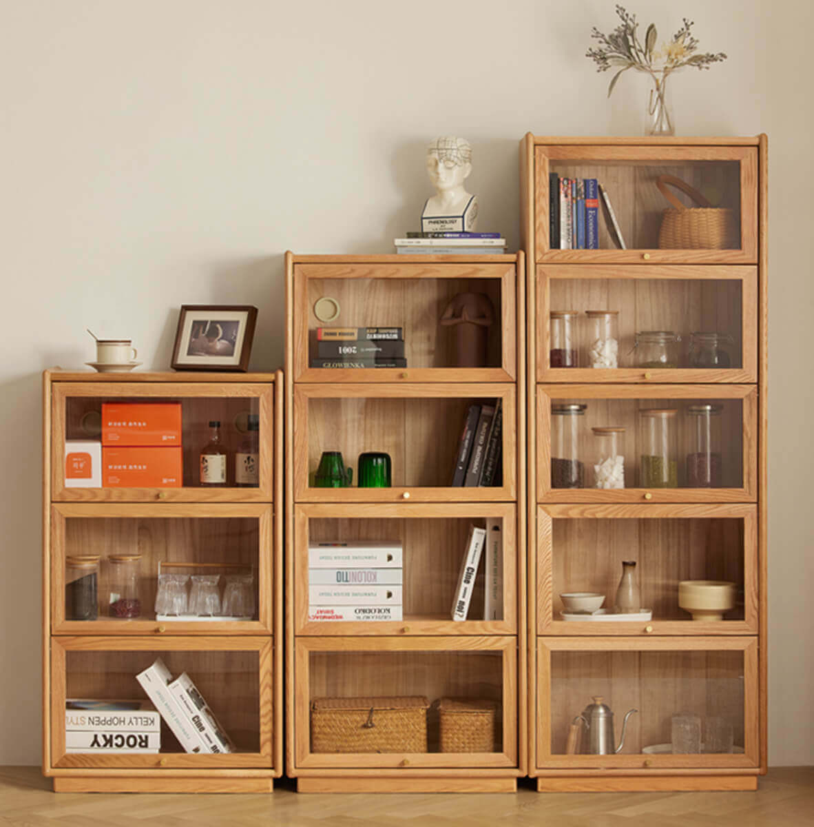Winston solid oak display cabinet with tempered glass doors