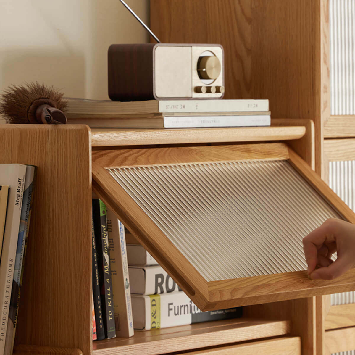 Close-up of reeded glass door on Winston solid oak cabinet